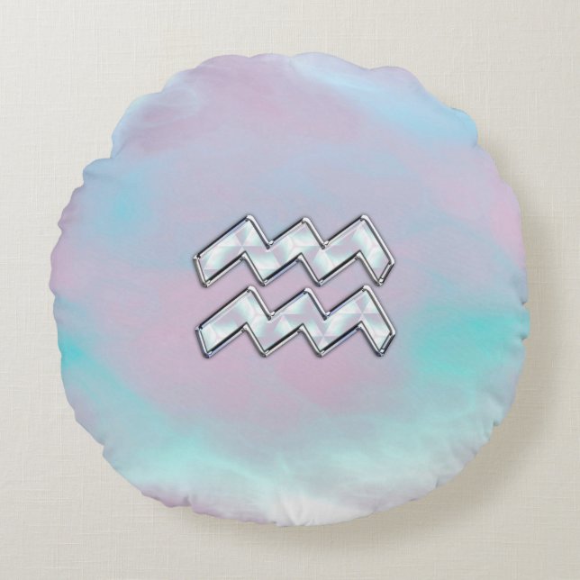 Aquarius Zodiac Symbol on Mother of Pearl Nacre Round Pillow (Front)