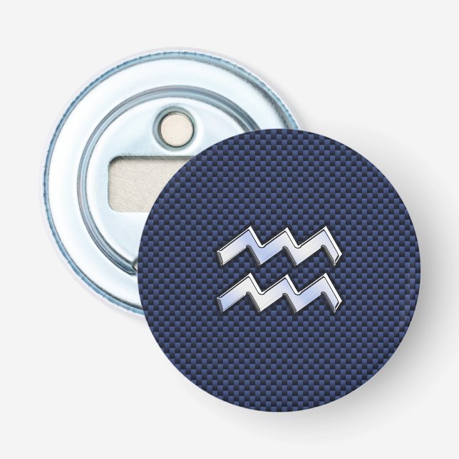Aquarius Zodiac Symbol on Navy Blue Carbon Fiber Bottle Opener (Front)