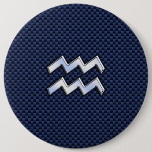 Aquarius Zodiac Symbol on Navy Blue Carbon Fiber Button