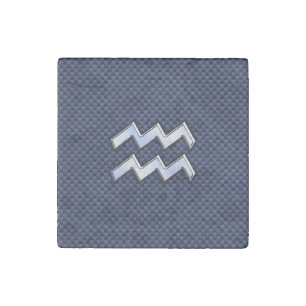 Aquarius Zodiac Symbol on Navy Blue Carbon Fiber Stone Magnet