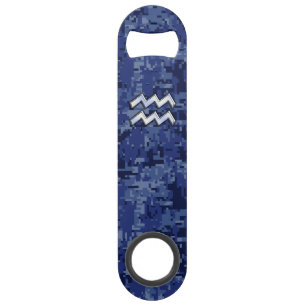 Aquarius Zodiac Symbol on navy blue digital camo Bar Key