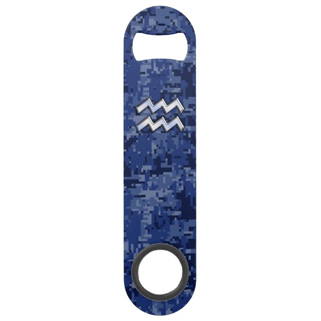 Aquarius Zodiac Symbol on navy blue digital camo Bar Key (Front)