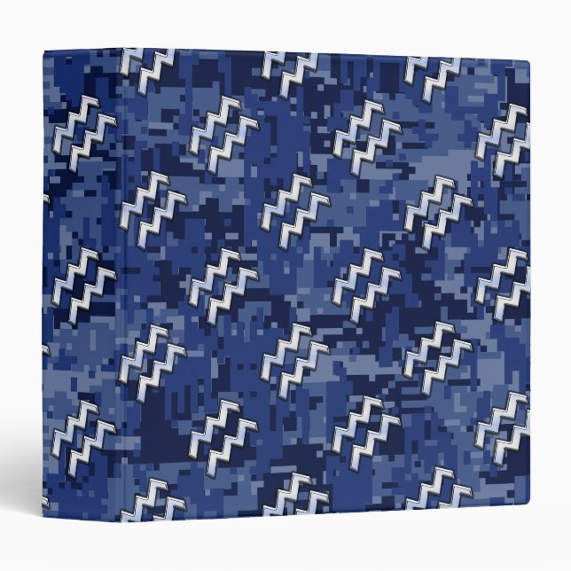 Aquarius Zodiac Symbol on navy blue digital camo Binder (Front/Spine)