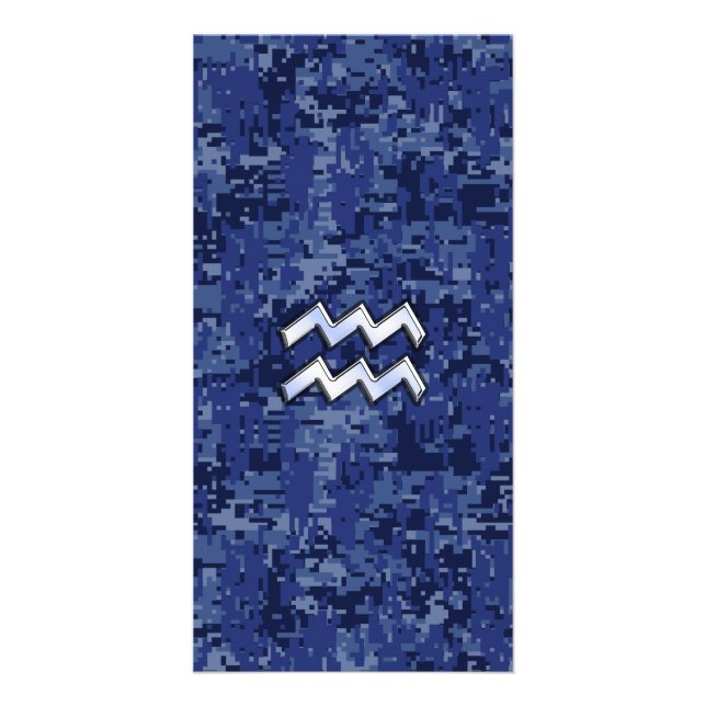 Aquarius Zodiac Symbol on navy blue digital camo Card (Front)
