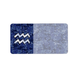 Aquarius Zodiac Symbol on navy blue digital camo Label