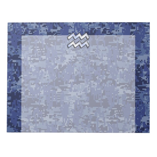 Aquarius Zodiac Symbol on navy blue digital camo Notepad (Front)