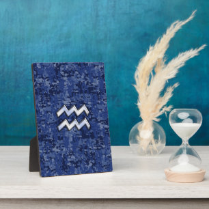 Aquarius Zodiac Symbol on navy blue digital camo Plaque