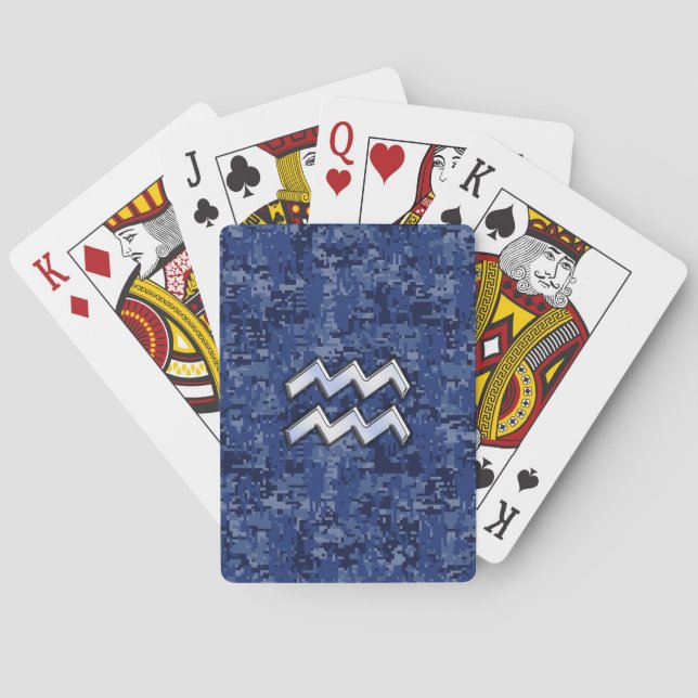 Aquarius Zodiac Symbol on navy blue digital camo Poker Cards (Back)