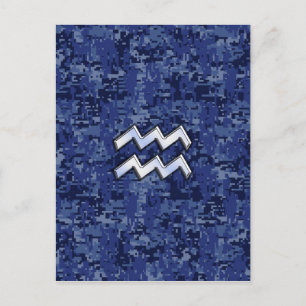 Aquarius Zodiac Symbol on navy blue digital camo Postcard