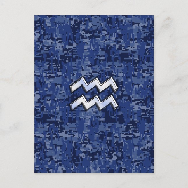 Aquarius Zodiac Symbol on navy blue digital camo Postcard (Front)
