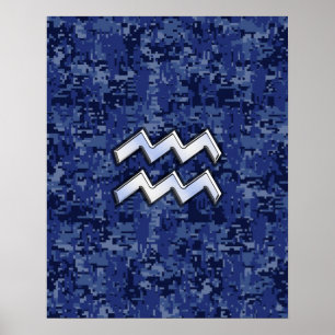 Aquarius Zodiac Symbol on navy blue digital camo Poster