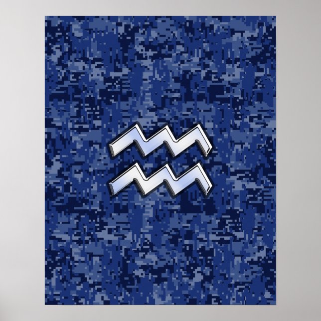 Aquarius Zodiac Symbol on navy blue digital camo Poster (Front)
