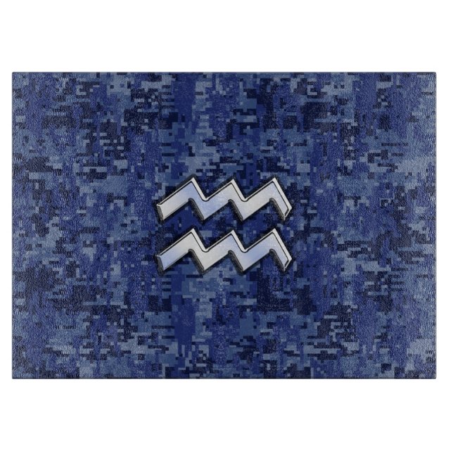 Aquarius Zodiac Symbol on Navy Digital Camouflage Cutting Board (Front)