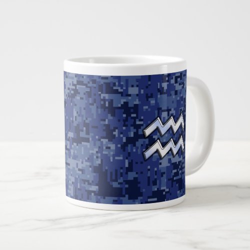 Aquarius Zodiac Symbol on Navy Digital Camouflage Large Coffee Mug