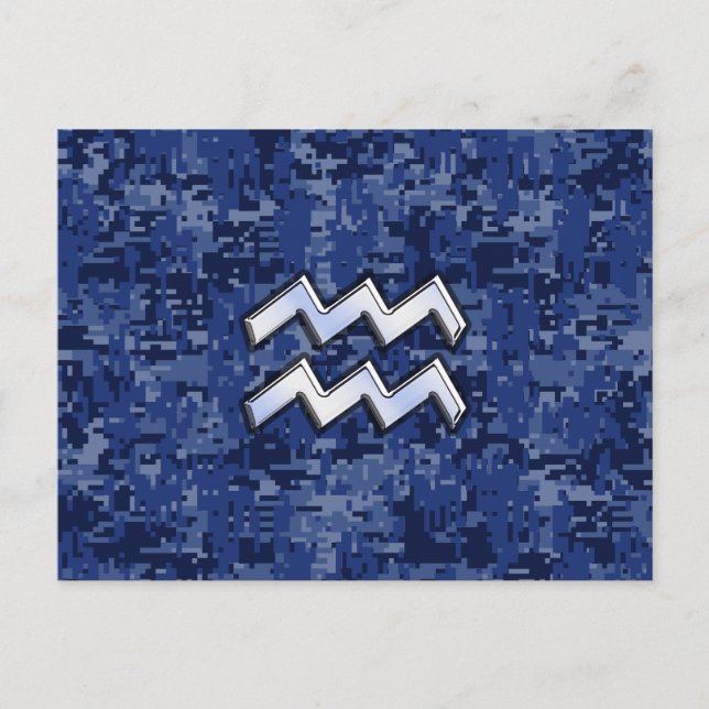 Aquarius Zodiac Symbol on Navy Digital Camouflage Postcard (Front)