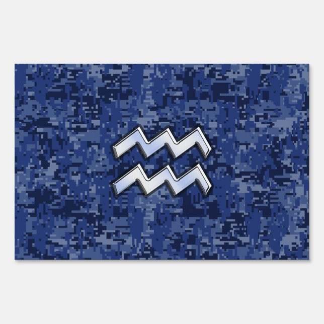 Aquarius Zodiac Symbol on Navy Digital Camouflage Sign (Front)