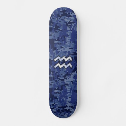Aquarius Zodiac Symbol on Navy Digital Camouflage Skateboard