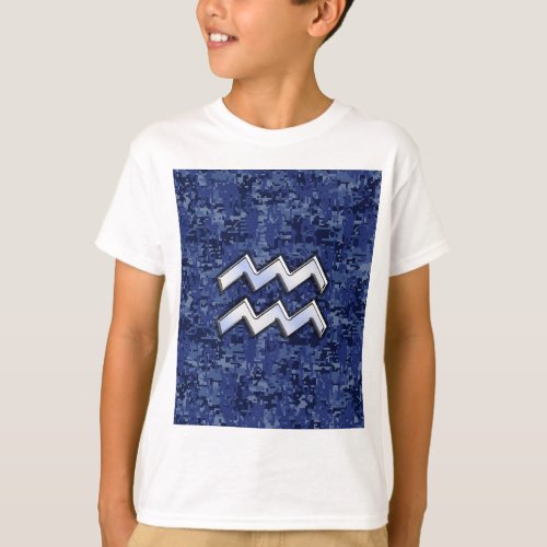 Aquarius Zodiac Symbol on Navy Digital Camouflage T_Shirt