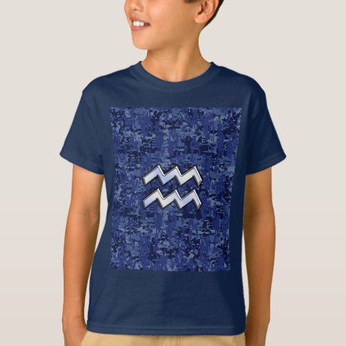 Aquarius Zodiac Symbol on Navy Digital Camouflage T_Shirt