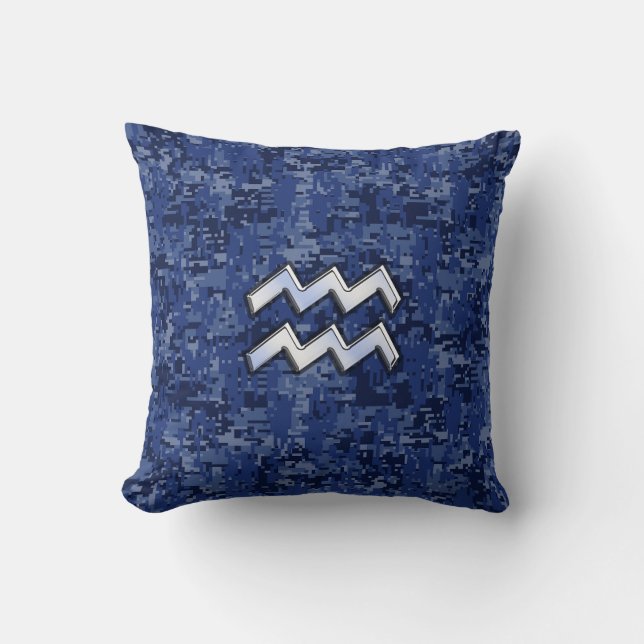 Aquarius Zodiac Symbol on Navy Digital Camouflage Throw Pillow (Front)