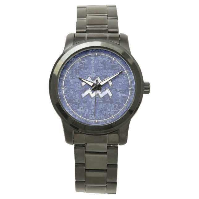 Aquarius Zodiac Symbol on Navy Digital Camouflage Watch (Front)