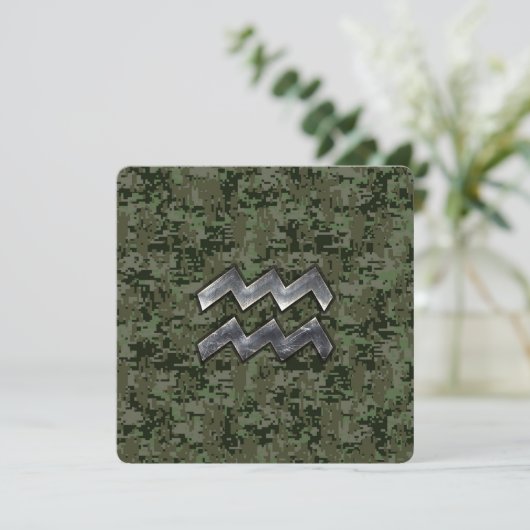 Aquarius Zodiac Symbol on olive green digital camo (Standing Front)
