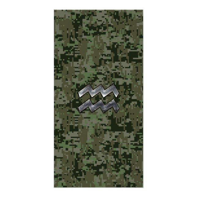 Aquarius Zodiac Symbol on olive green digital camo Card (Front)