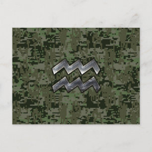 Aquarius Zodiac Symbol on olive green digital camo Postcard