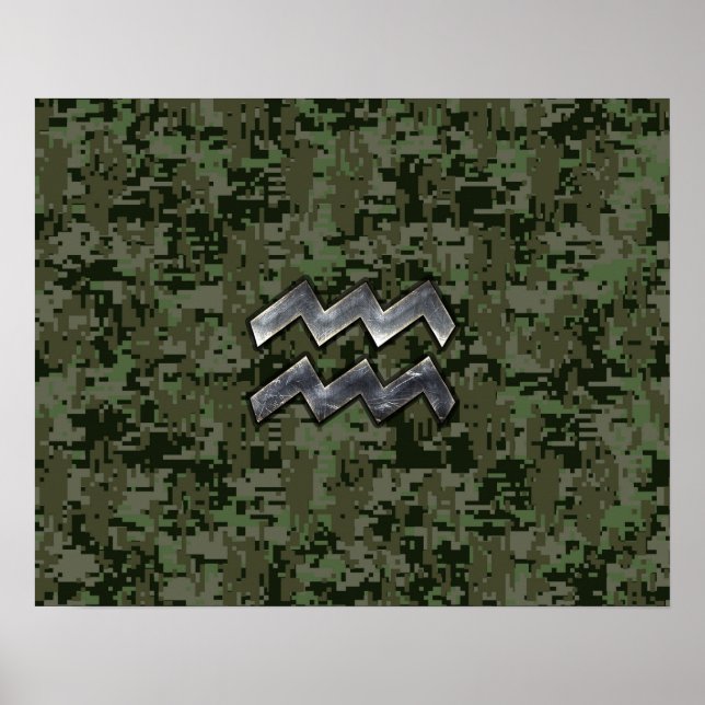 Aquarius Zodiac Symbol on olive green digital camo Poster (Front)