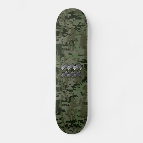 Aquarius Zodiac Symbol on olive green digital camo Skateboard