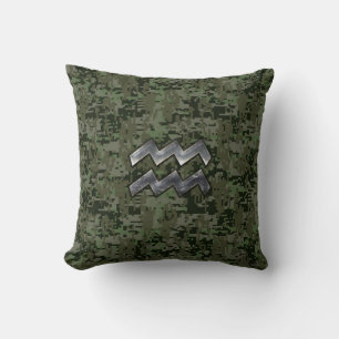 Aquarius Zodiac Symbol on olive green digital camo Throw Pillow