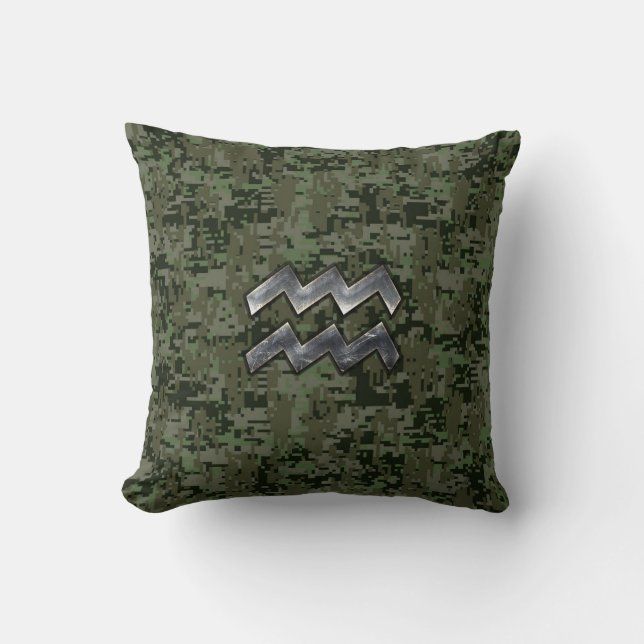 Aquarius Zodiac Symbol on olive green digital camo Throw Pillow (Front)