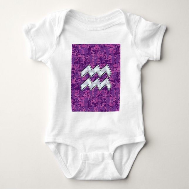 Aquarius Zodiac Symbol on Pink Digital Camouflage Baby Bodysuit (Front)