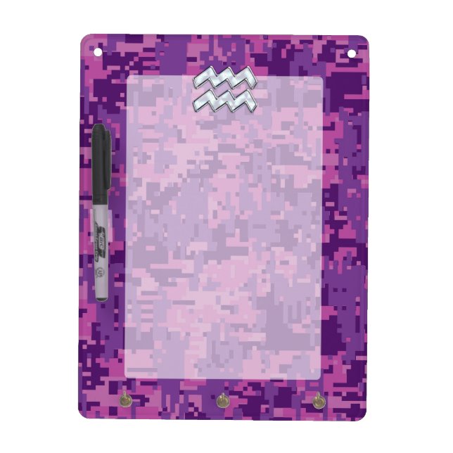 Aquarius Zodiac Symbol on Pink Digital Camouflage Dry Erase Board (Front)