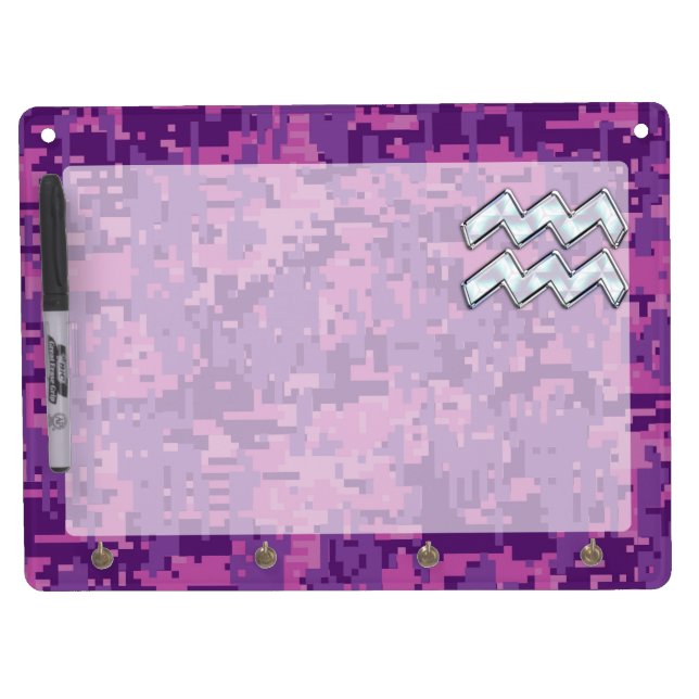 Aquarius Zodiac Symbol on Pink Digital Camouflage Dry Erase Board With Keychain Holder (Front)