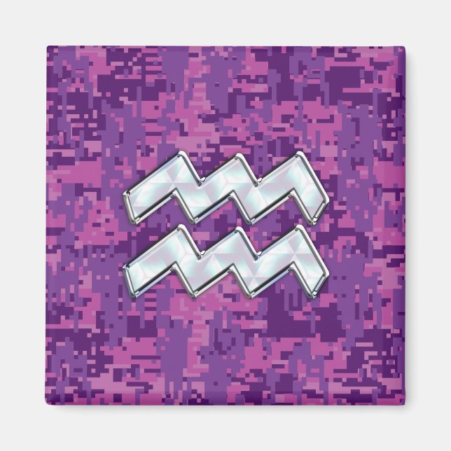 Aquarius Zodiac Symbol on Pink Digital Camouflage Magnet (Front)