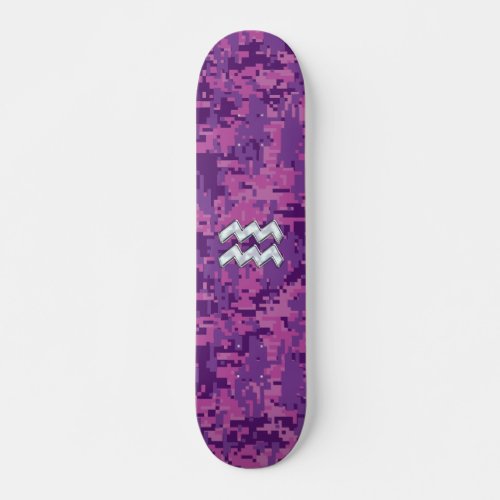 Aquarius Zodiac Symbol on Pink Digital Camouflage Skateboard Deck