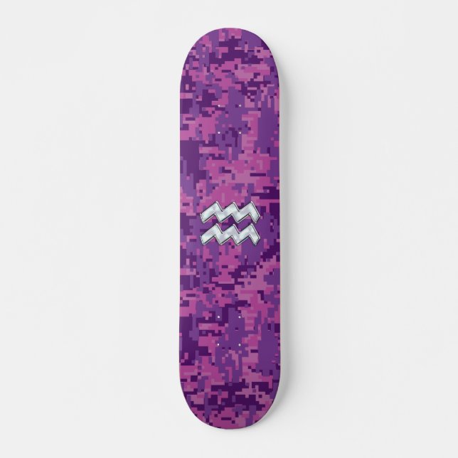 Aquarius Zodiac Symbol on Pink Digital Camouflage Skateboard Deck (Front)