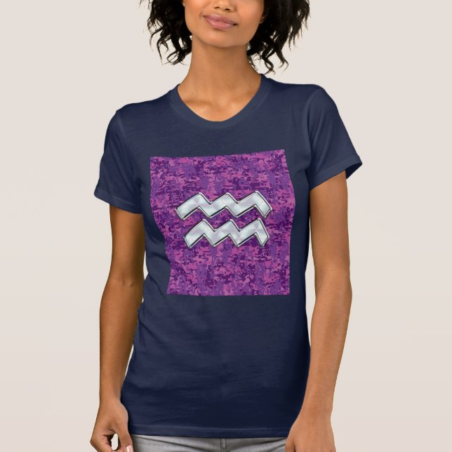 Aquarius Zodiac Symbol on Pink Digital Camouflage T-Shirt (Front)