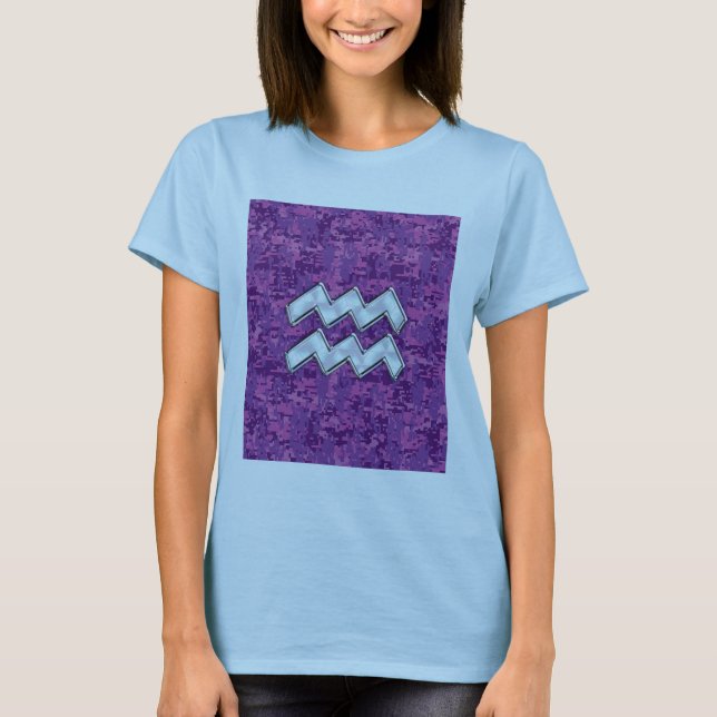 Aquarius Zodiac Symbol on Pink Digital Camouflage T-Shirt (Front)