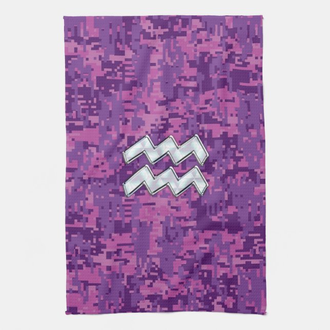 Aquarius Zodiac Symbol on Pink Digital Camouflage Towel (Vertical)