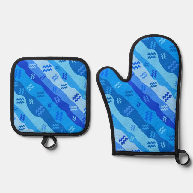 Aquarius Zodiac Symbol Oven Mitt & Pot Holder Set (Front)