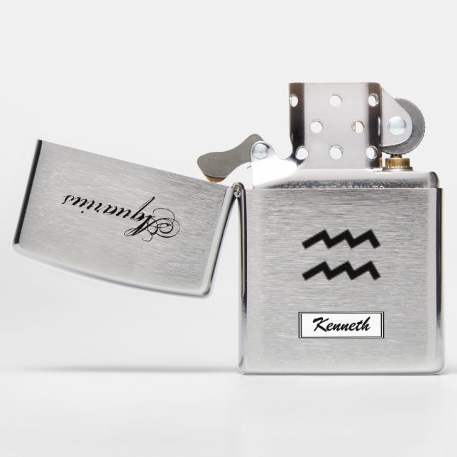 Aquarius Zodiac Symbol Standard by Kenneth Yoncich Zippo Lighter (Opened)