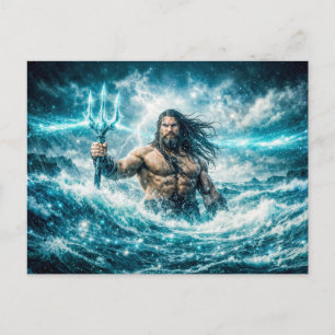 Aquarius Zodiac with Trident Warrior in Stormy Oce Postcard