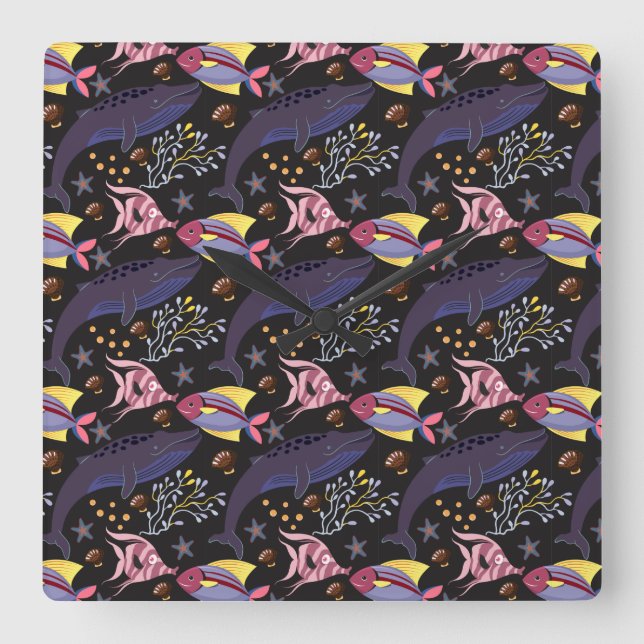 Aquatic animals pattern | ocean underwater life 21 square wall clock (Front)