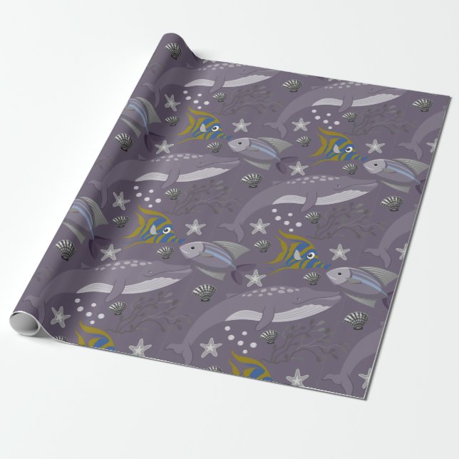 Aquatic animals pattern | ocean underwater life 24 wrapping paper (Unrolled)