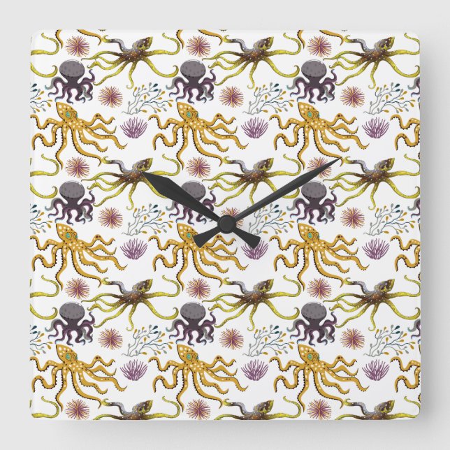 Aquatic animals pattern | ocean underwater life 26 square wall clock (Front)