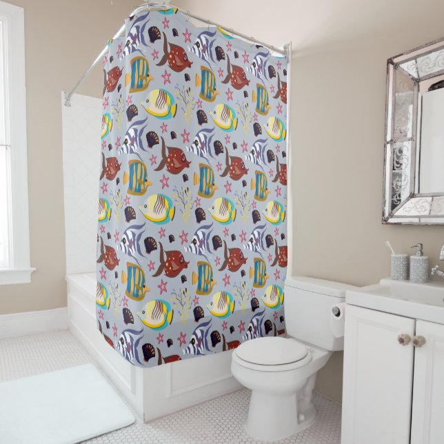 Aquatic animals pattern | ocean underwater life 2 shower curtain (In Situ)