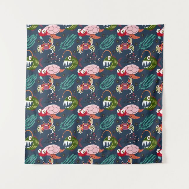 Aquatic animals pattern | ocean underwater life 34 tapestry (Front)