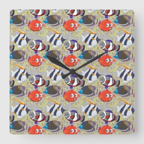 Aquatic animals pattern  ocean underwater life 40 square wall clock